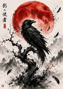 Shadow Messenger – Japanese Raven Sumi-e Art