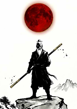 Elderly Warrior Under a Blood Moon