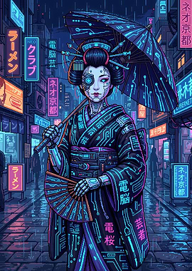 Cyberpunk Geisha with Umbrella and Fan