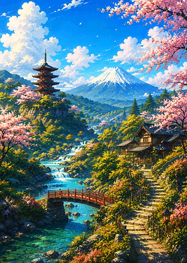 Serene Japanese Landscape with Mount Fuji