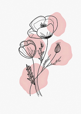 Minimalist Poppy Line Art with Pink Accents