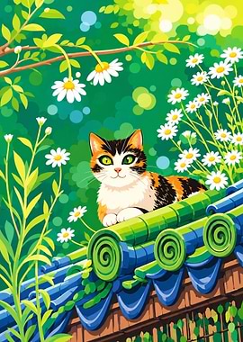 Calico Cat on a Traditional Roof