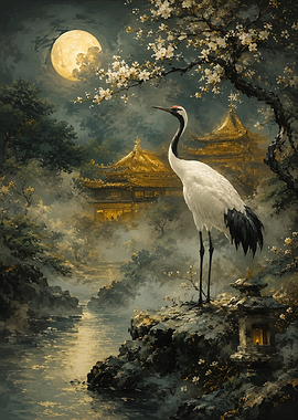 Crane by Moonlit Temple
