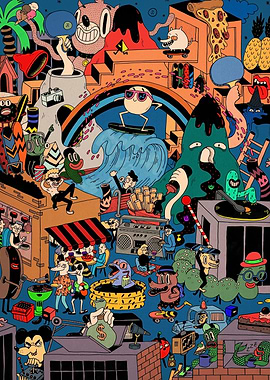 Surreal Cartoon Scene with Diverse Characters