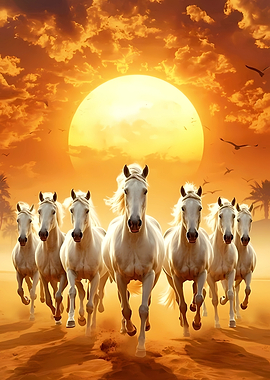 Seven White Horses Running Towards Sun