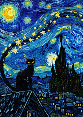 Black Cat in Starry Night
