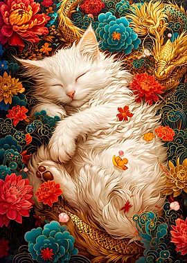 Fluffy White Cat Sleeping Amidst Flowers and Dragon