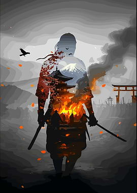 Samurai Silhouette with Japanese Landscape