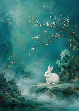 White Rabbit in Misty Forest