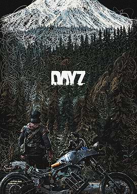 DayZ Game Poster with Motorcycle and Mountain