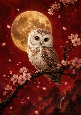 Owl on Cherry Blossom Branch Under Full Moon