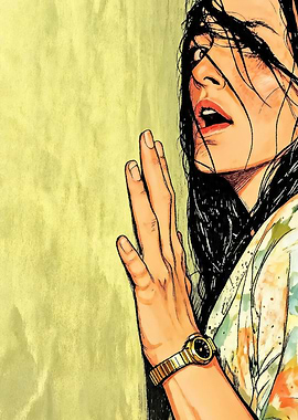 Woman pressing hand against wall