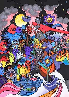 Whimsical Dreamscape with Animals and Flowers