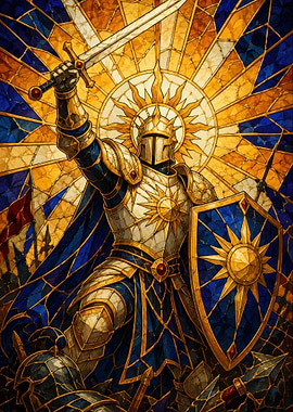 Stained Glass Knight with Sun Symbol