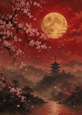 Japanese Pagoda Under a Red Moon