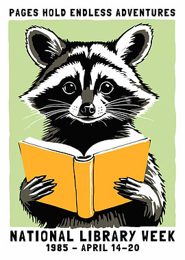 Raccoon reading a book for National Library Week