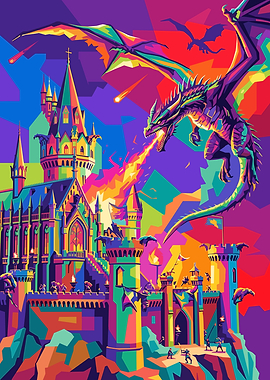 Dragon attacking a colorful castle