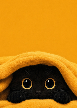 Cute Black Cat Peeking Out of Blanket