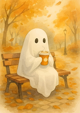 Cute Ghost Enjoying Autumn Coffee
