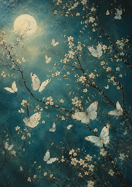 Moonlit Butterflies and Blossoms