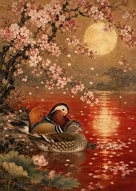 Mandarin Ducks Under Cherry Blossoms