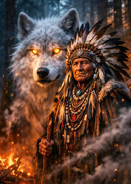 Native American Chief and Wolf Spirit