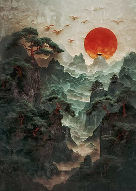 Misty Mountains Sunrise with Pagodas