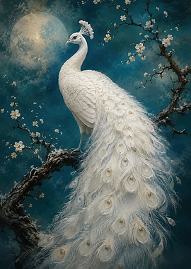 White Peacock on Cherry Blossom Branch