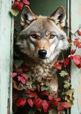Wolf Peeking Through Autumn Foliage