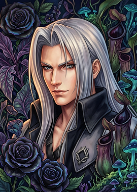 Sephiroth surrounded by dark flowers and plants
