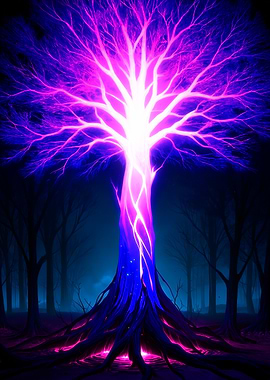 Glowing Fantasy Yggdrasil in Dark Forest