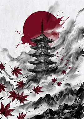 Japanese Pagoda with Maple Leaves