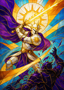 Knight with Sun Sword Fighting Dark Knight
