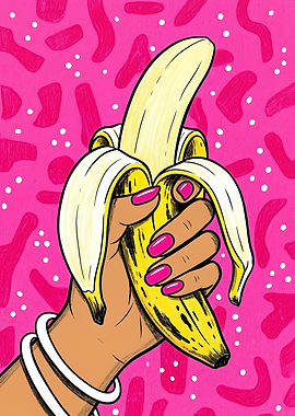 Hand peeling a banana with pink background