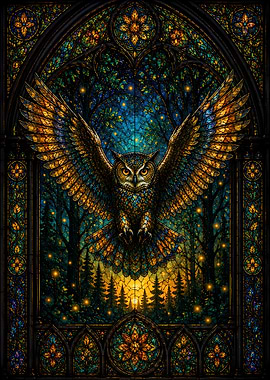 Stained Glass Owl in Enchanted Forest