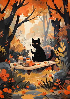 Black Cat Enjoying Autumn Picnic