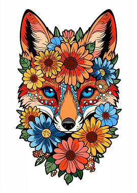 Fox adorned with colorful flowers