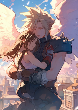 Cloud and Tifa Embrace with Angel Wings