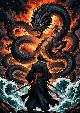 Samurai vs. Dragon in Fiery Battle