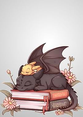 Cute Dragons Sleeping on Books
