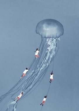 Children hanging from a giant jellyfish kite