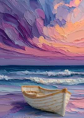 Boat on a colorful beach at sunset