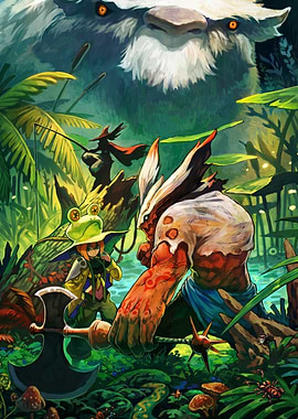 Fantasy characters in a lush jungle setting