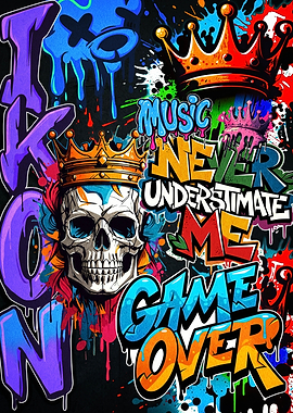 Graffiti Skull with Crowns and Text