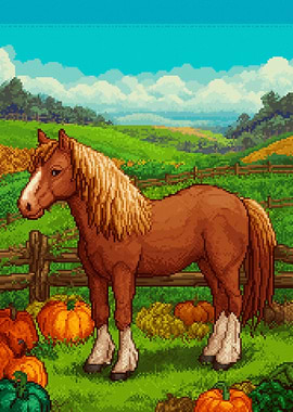 Pixel Art Horse in a Farm Landscape