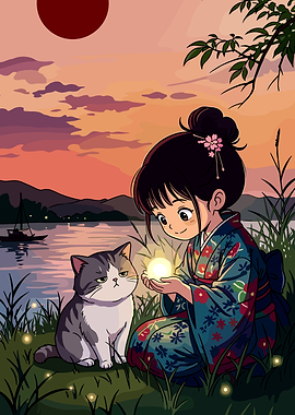 Girl and Cat with Glowing Orb at Sunset