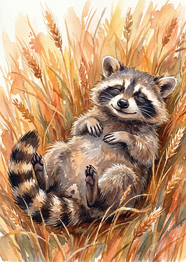 Cute Raccoon Sleeping in Wheat Field