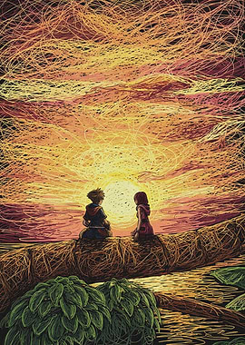 Sora and Kairi watching the sunset