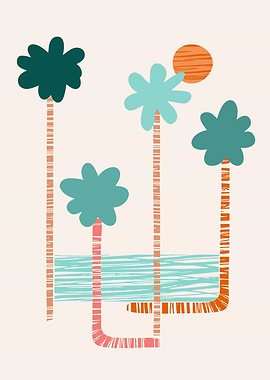 Abstract Tropical Palm Trees and Sun