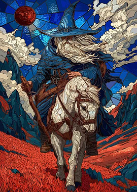 Wizard Riding Horse in Stained Glass Style